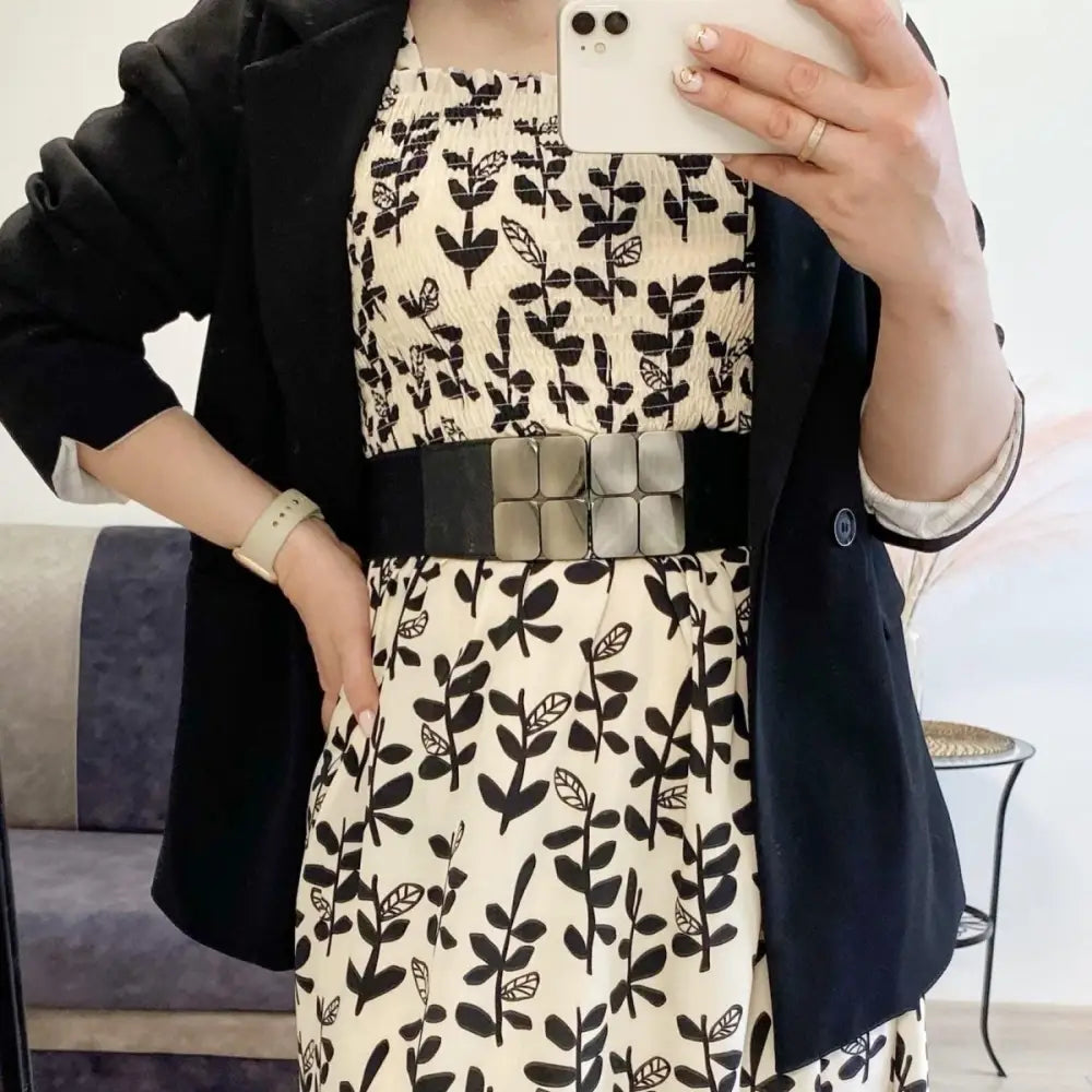 Lara Belt Floral Dress with Black Blazer for chic professional and casual style