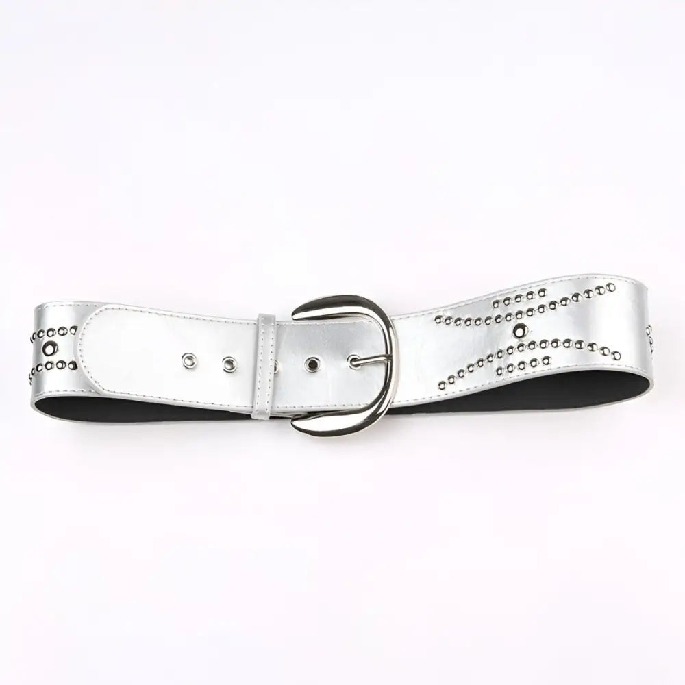Silver studded belt with buckle featured in Women’s Low-Rise Jeans with Silver Belt and Camo Cargo Pants