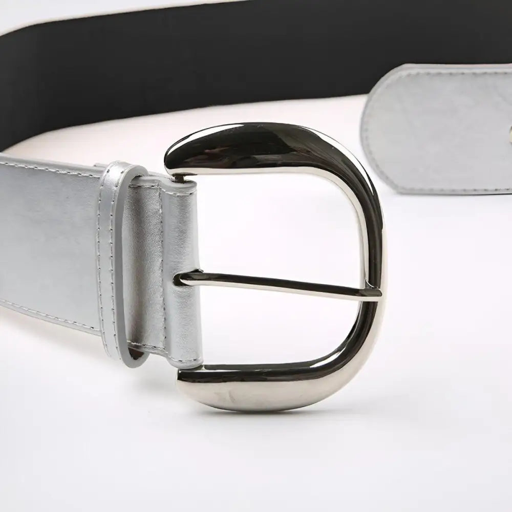 Silver and black belt with metal buckle featured in Women’s Low-Rise Jeans and Camo Cargo Pants