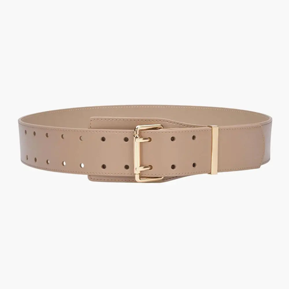 Beige double-buckle belt paired with beige turtleneck sweater, accessories, and bag