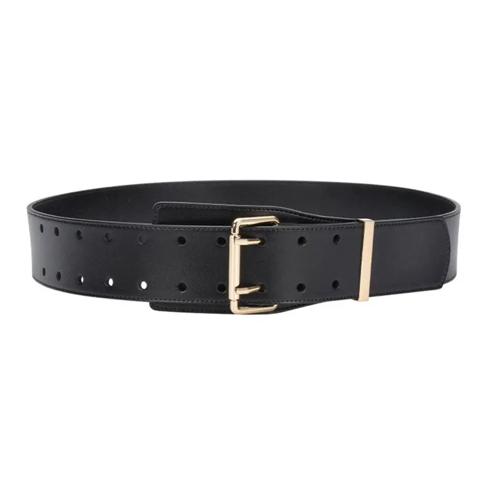 Black patent leather belt with gold buckle displayed with Beige Turtleneck Sweater and Bag
