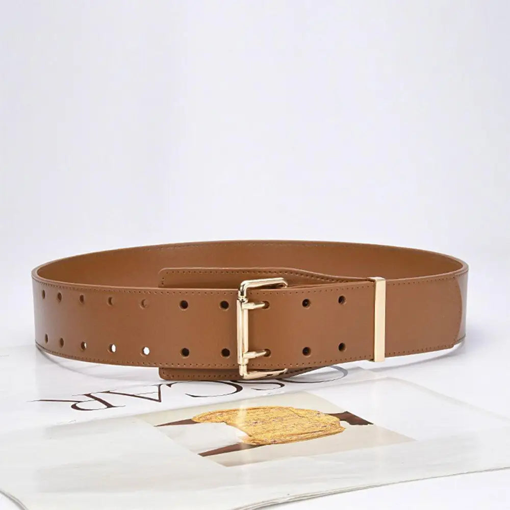 Brown leather belt with gold buckle paired with Beige Turtleneck Sweater and accessories