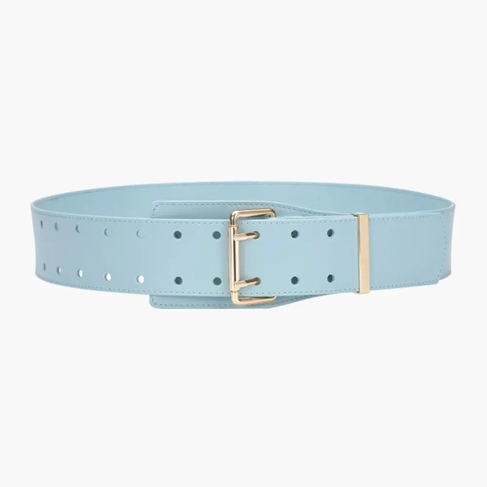 Light blue wide belt with gold buckle paired with Beige Turtleneck Sweater and Bag