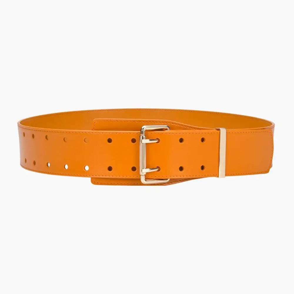 Orange leather belt with double buckle displayed with Beige Turtleneck Sweater with Belts and Bag