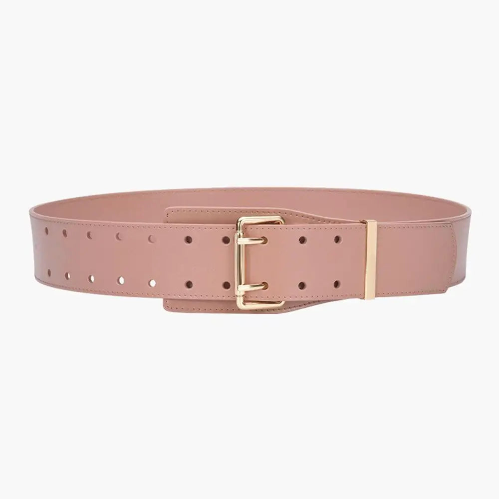 Pink patent leather double-buckle belt displayed with Beige Turtleneck Sweater and Bag