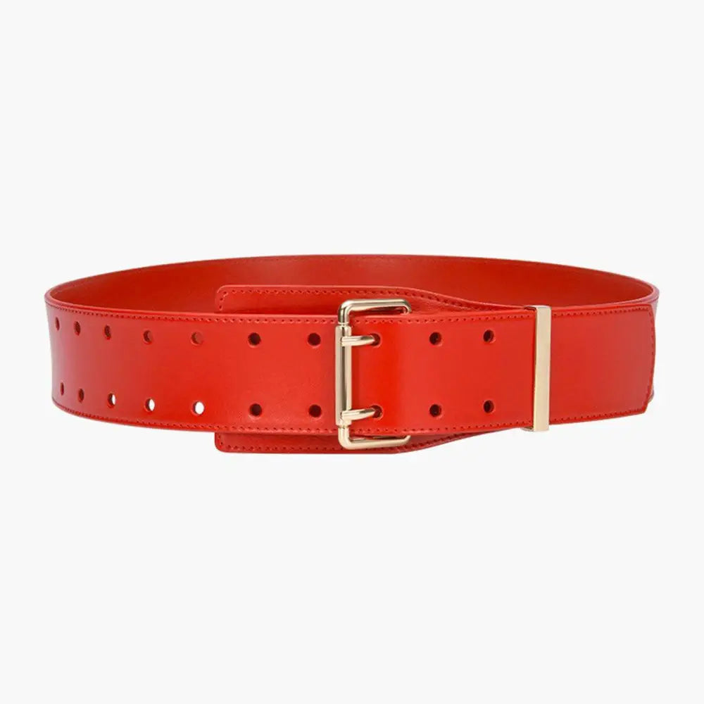 Red leather belt with gold buckle displayed alongside Beige Turtleneck Sweater with Belts and Bag