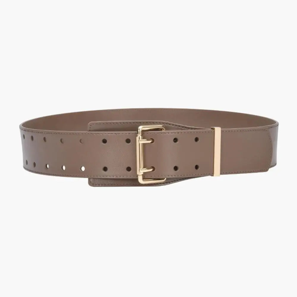 Taupe patent leather belt with double buckle from Beige Turtleneck Sweater with Belts and Bag