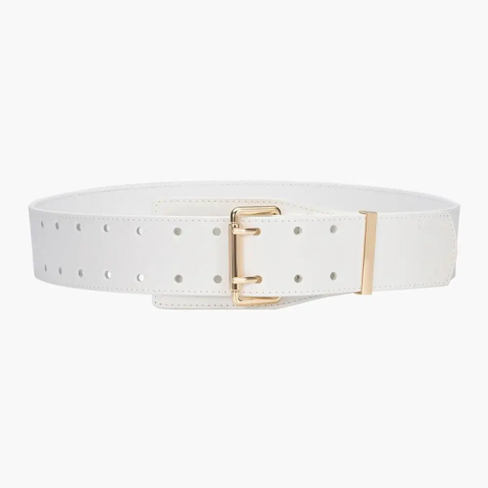 White belt with gold buckle displayed on beige turtleneck sweater with belts and bag