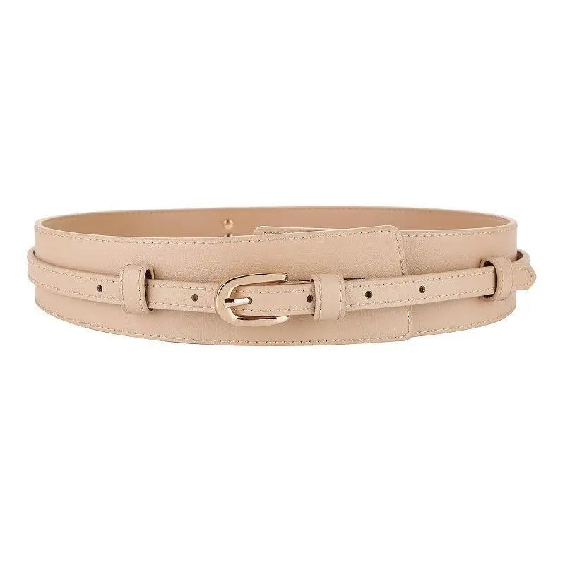 Beige wide waist belt from Bernice Belt Leather Straps with Gold and Silver Buckles