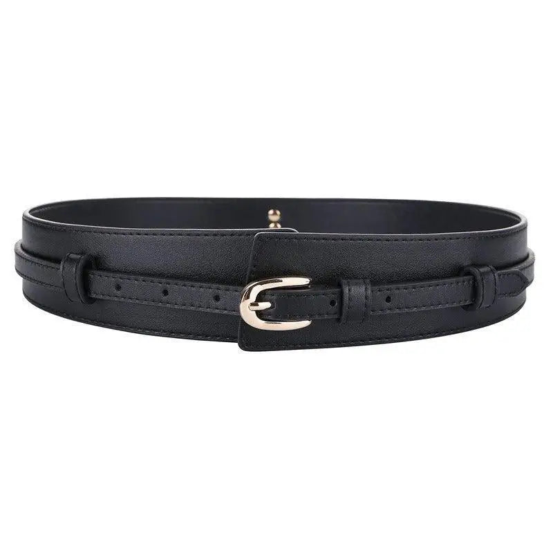 Bernice Belt Leather Straps with Gold and Silver Buckles featuring a black leather belt with gold buckle