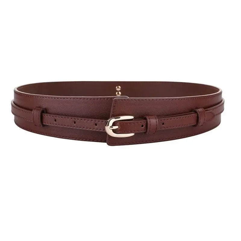 Brown leather waist belt with gold and silver buckles from Bernice Belt collection