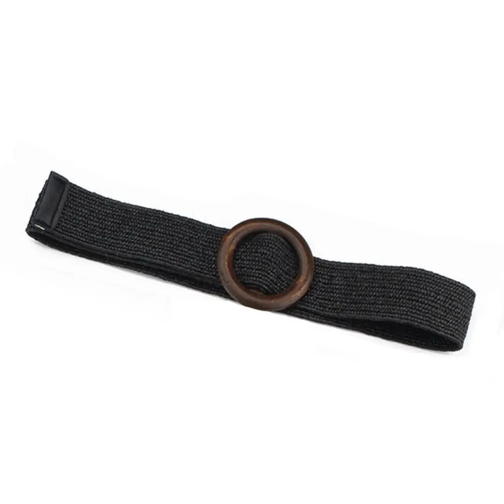 Carcui Belt Set with Woven Designs and Wooden Buckle featuring a black woven belt with wooden ring buckle