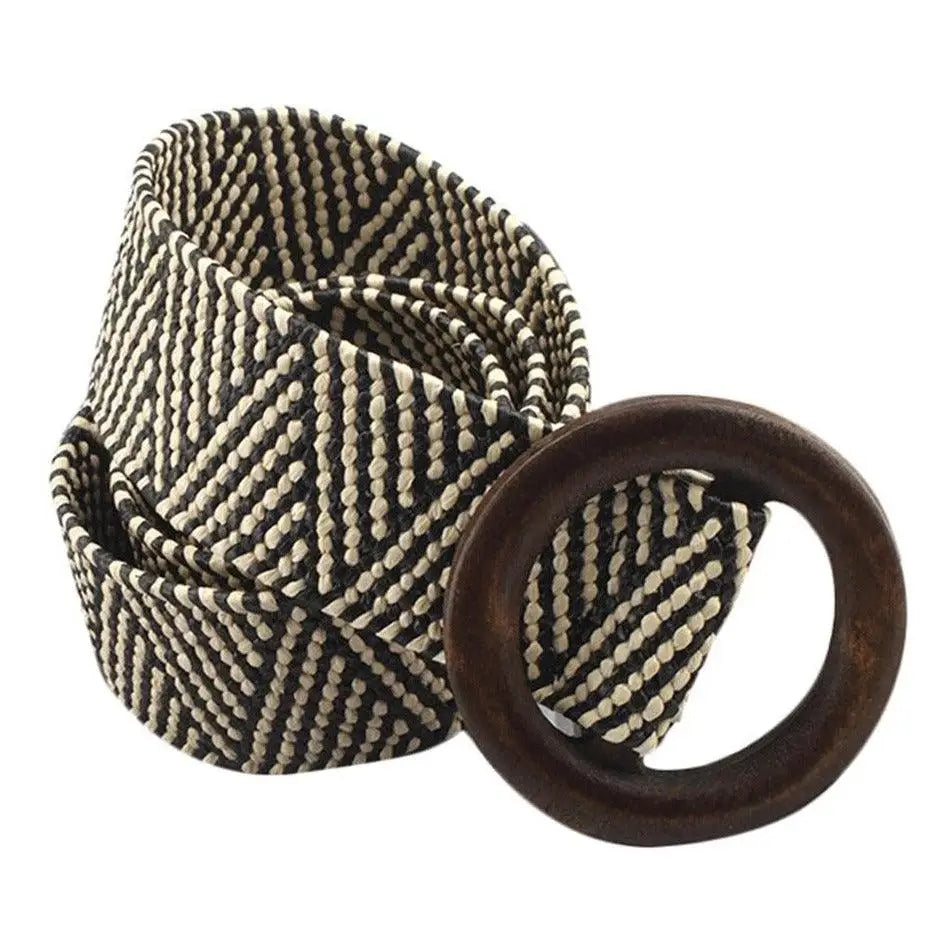 Carcui belt with woven brown and white design and wooden ring buckle for stylish accessories