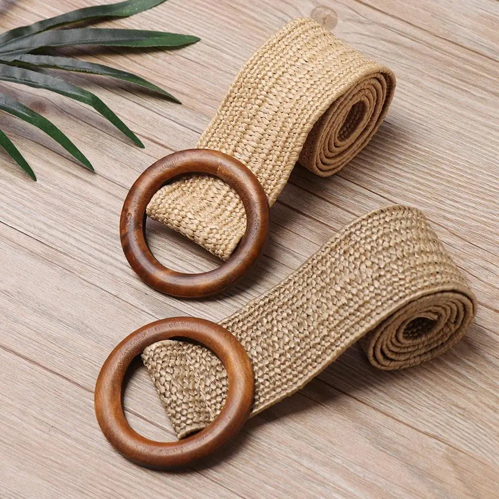 Carcui Belt Set with woven designs and wooden buckles displayed in a product photo