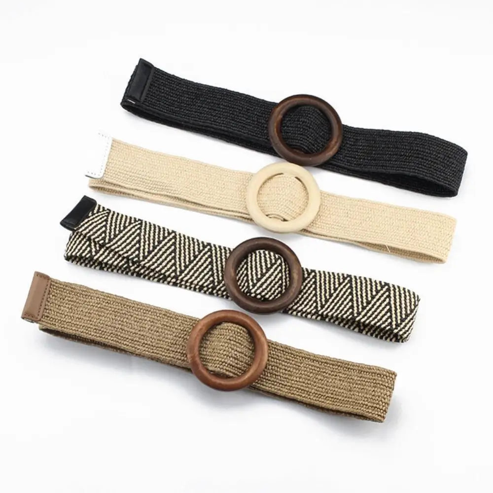 Four woven Carcui belts with wooden buckles displayed in the Carcui Belt Set
