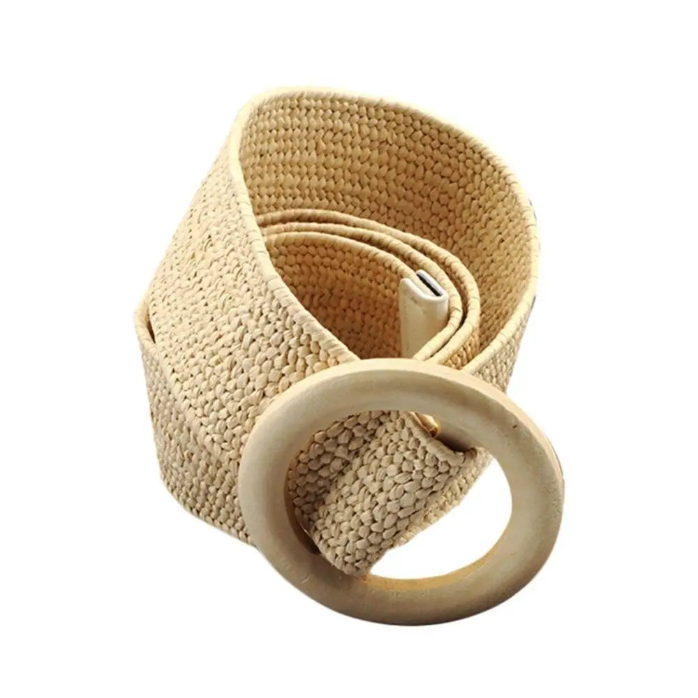Carcui Belt Set with Woven Raffia Belt and Wooden Buckle for Durable Style