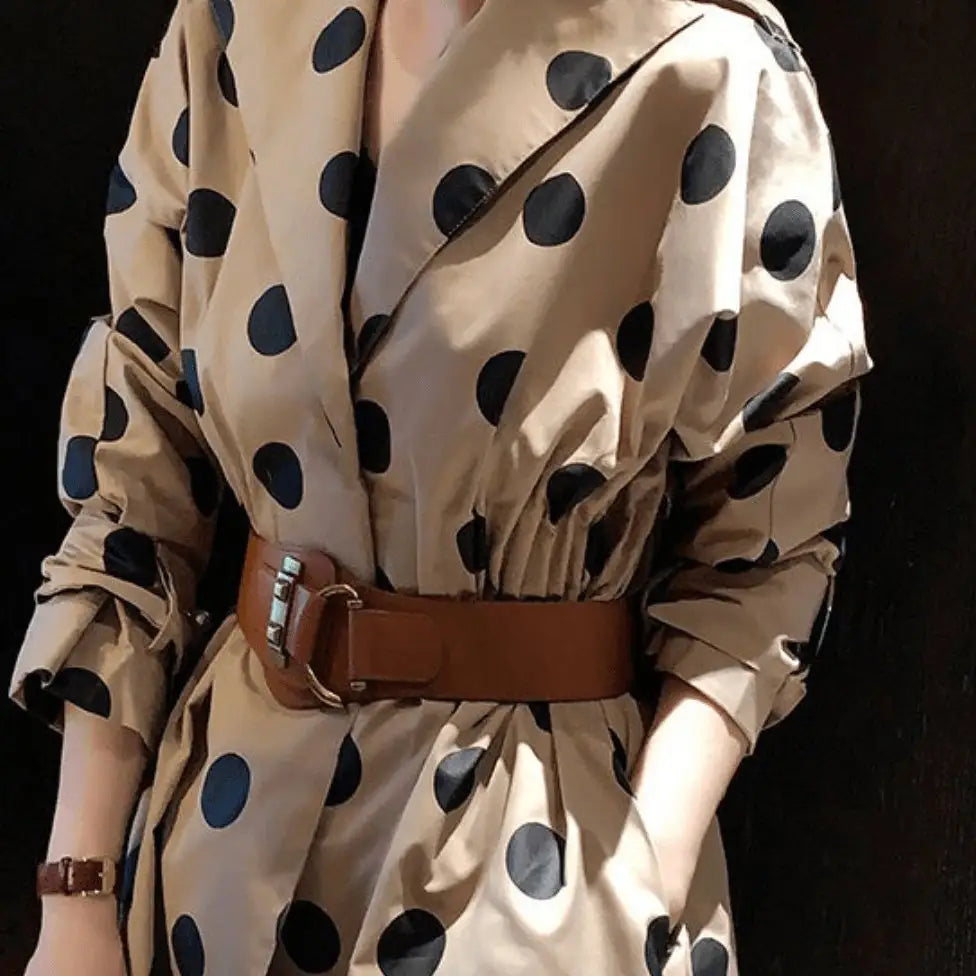 Polka dot dress with brown leather belt featured in Brown Leather Belts and Teddy Bear Coat