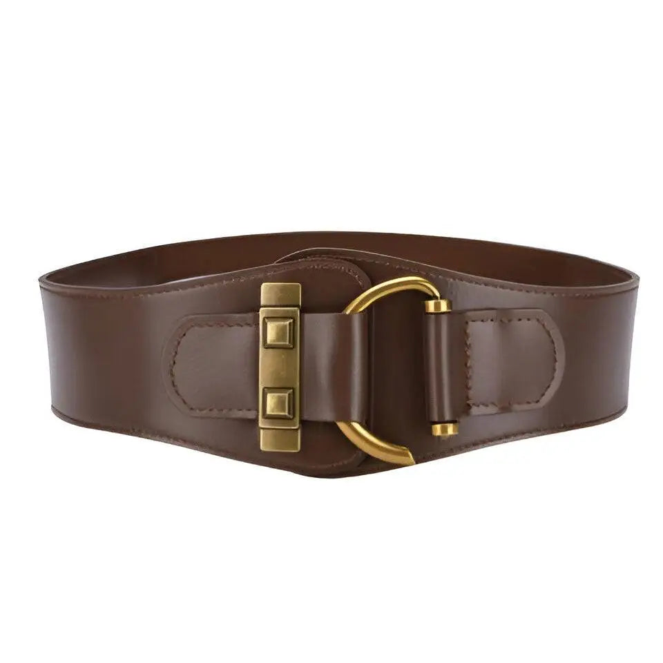 Brown leather wide belt with gold buckle displayed with Teddy Bear Coat accessory
