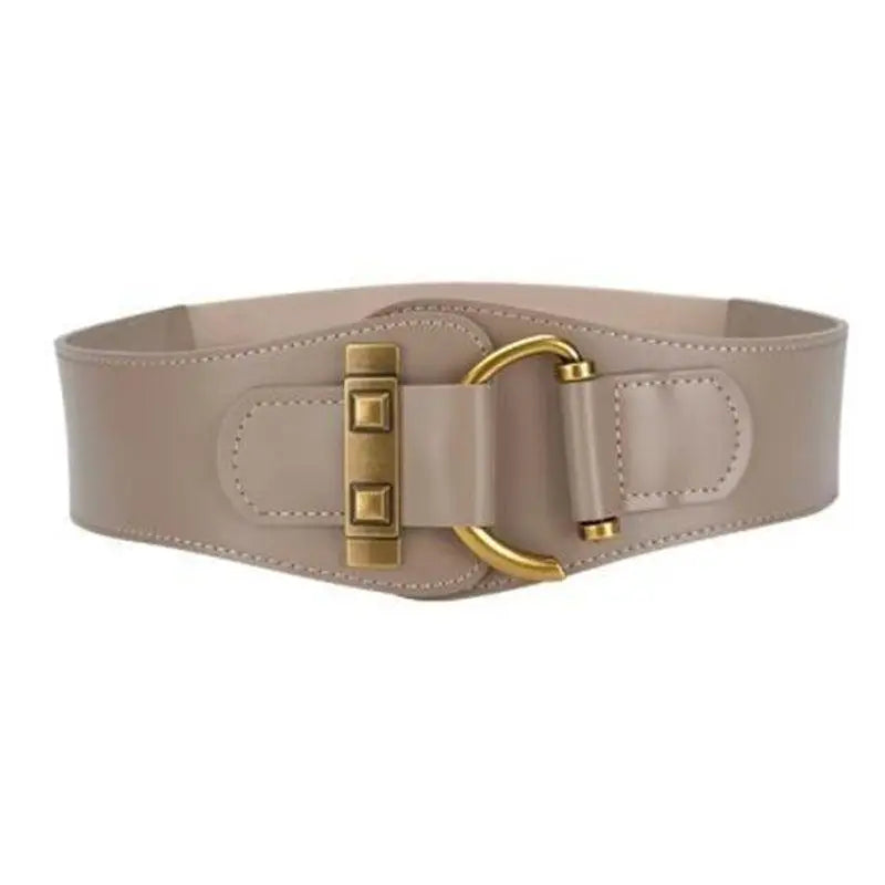 Beige wide belt with gold buckle from Brown Leather Belts and Teddy Bear Coat collection