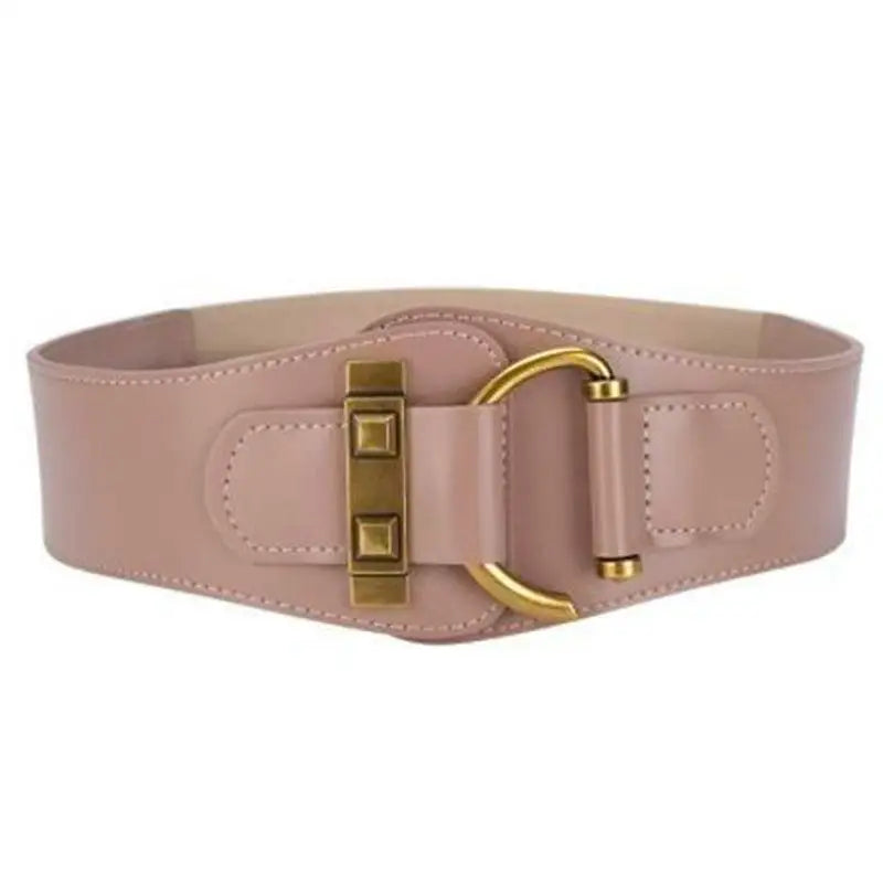 Light pink wide belt with gold buckle from Brown Leather Belts and Teddy Bear Coat
