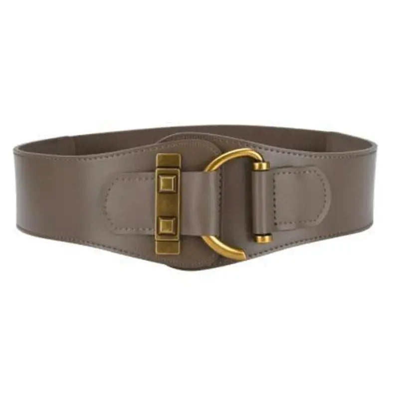 Taupe wide leather belt with a gold buckle from Brown Leather Belts and Teddy Bear Coat collection