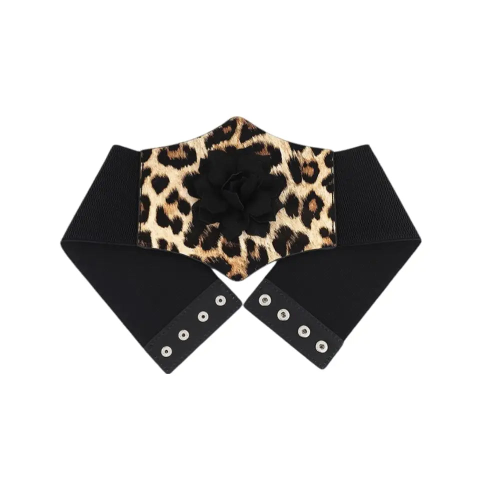 Leopard print elastic belt with a decorative flower from Leopard Print Elastic Belt and Face Mask Set with Black Flowers