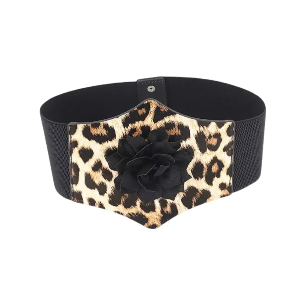 Leopard print elastic waist belt with black flower from Leopard Print Belt and Face Mask Set