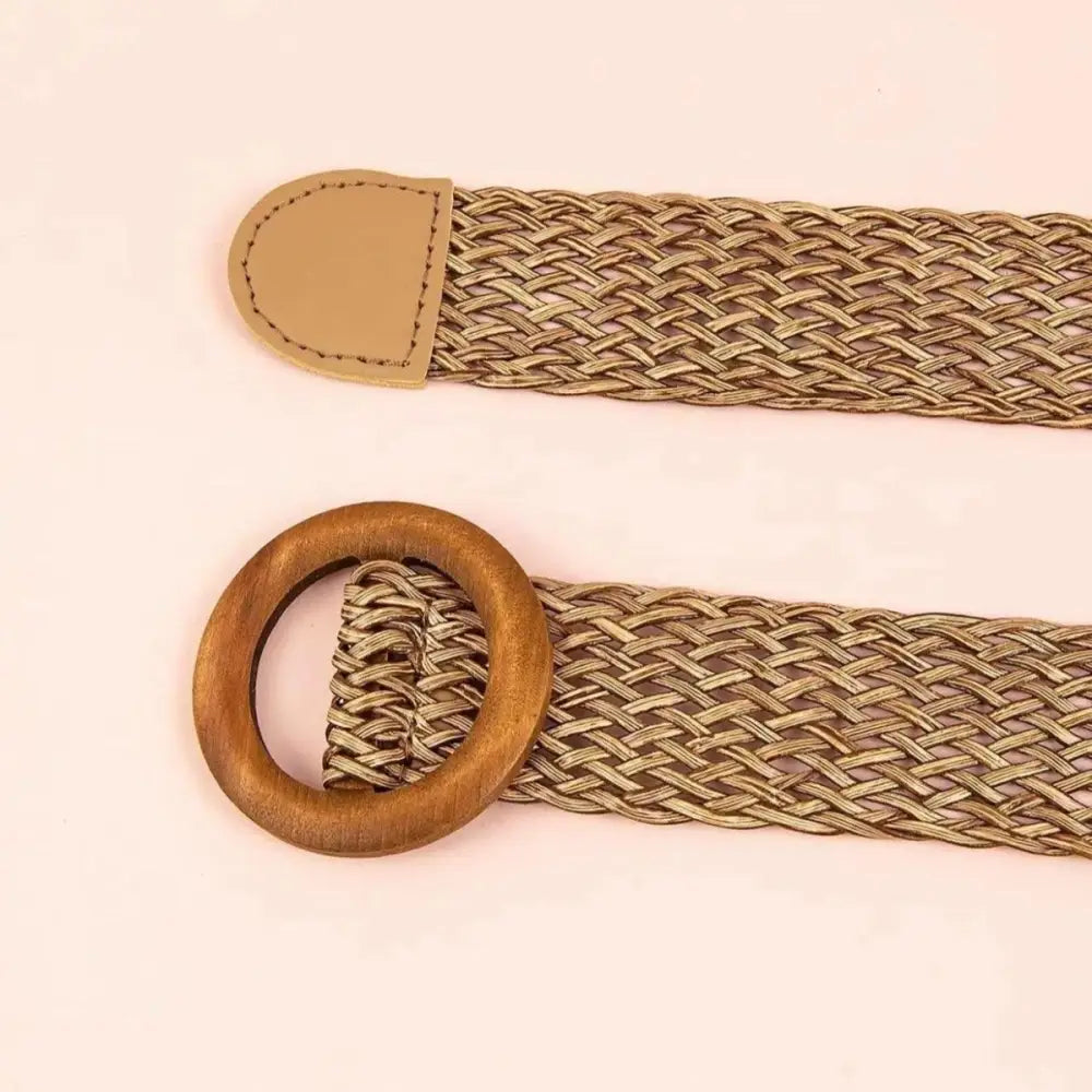 Braided belt featuring a wooden ring buckle, stylish and durable accessory