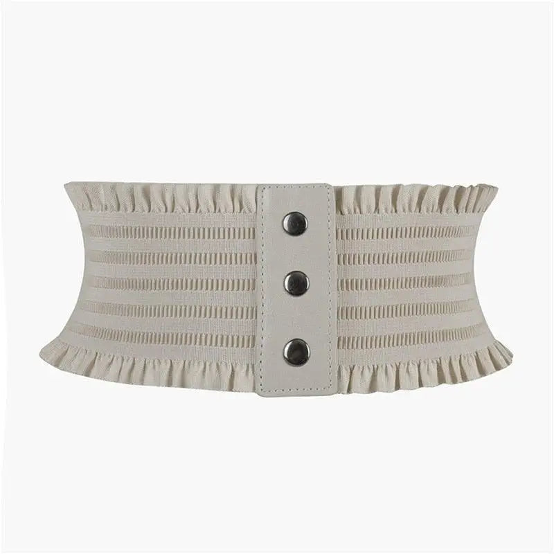 Off-white elastic waist belt with ruffled edges and buttoned front for stylish corset accent