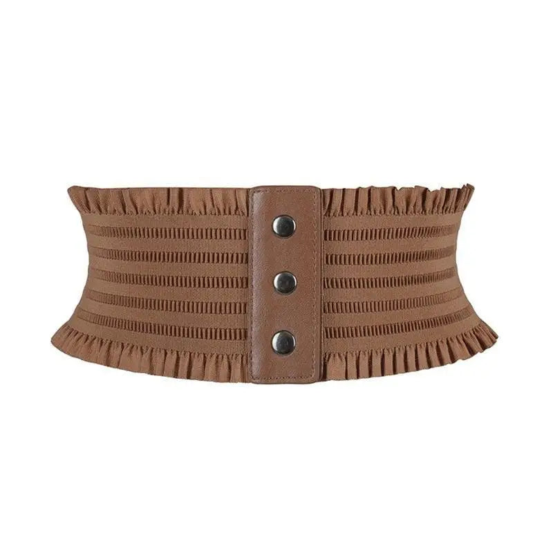 Brown elastic corset belt displayed with white waist belt and black corset belts