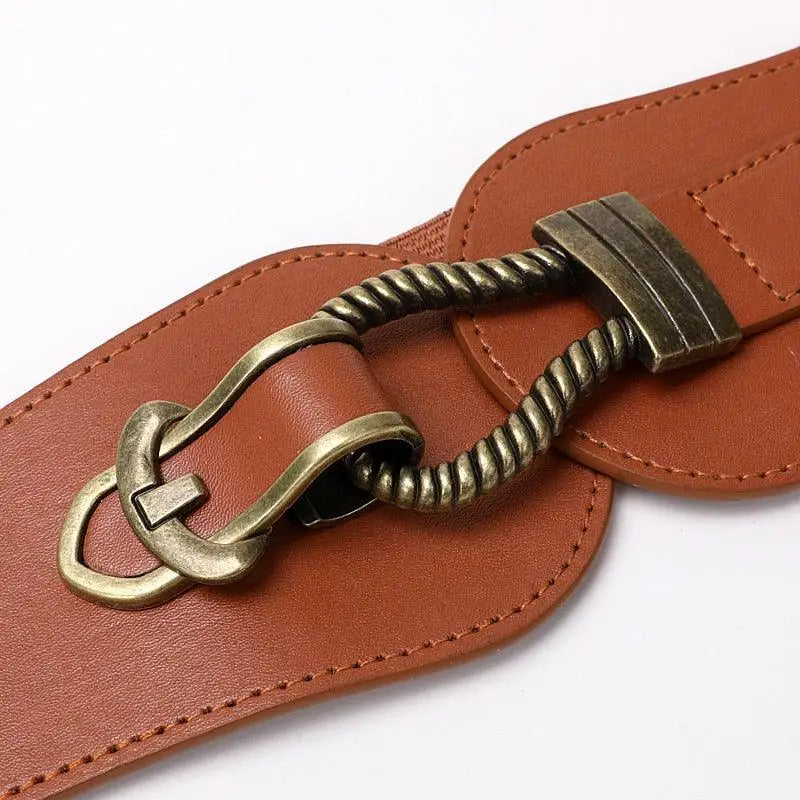 Brown leather belt with antique-style metal buckle from the Brown and Black Elastic and Leather Waist Belts collection