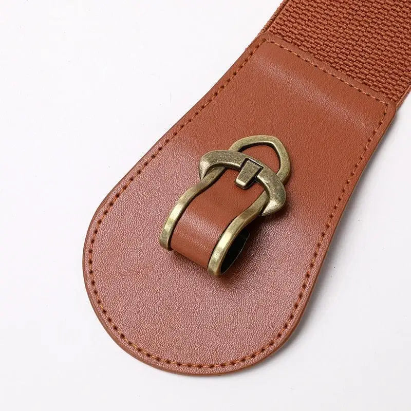 Brown elastic belt with antique-style metal buckle from Brown and Black Elastic and Leather Waist Belts collection