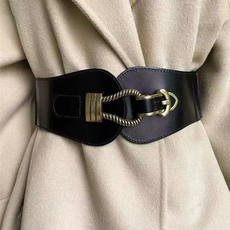 Black leather corset belt with antique gold buckle for Brown and Black Elastic and Leather Waist Belts with Metal Buckles