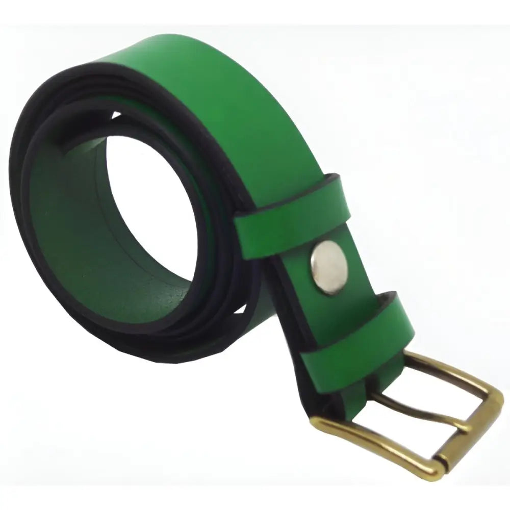Green full-grain leather belt with brass buckle showcasing enduring style and quality