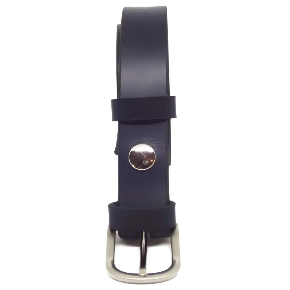 Dark blue full-grain leather belt with silver buckle for men’s fashion accessory