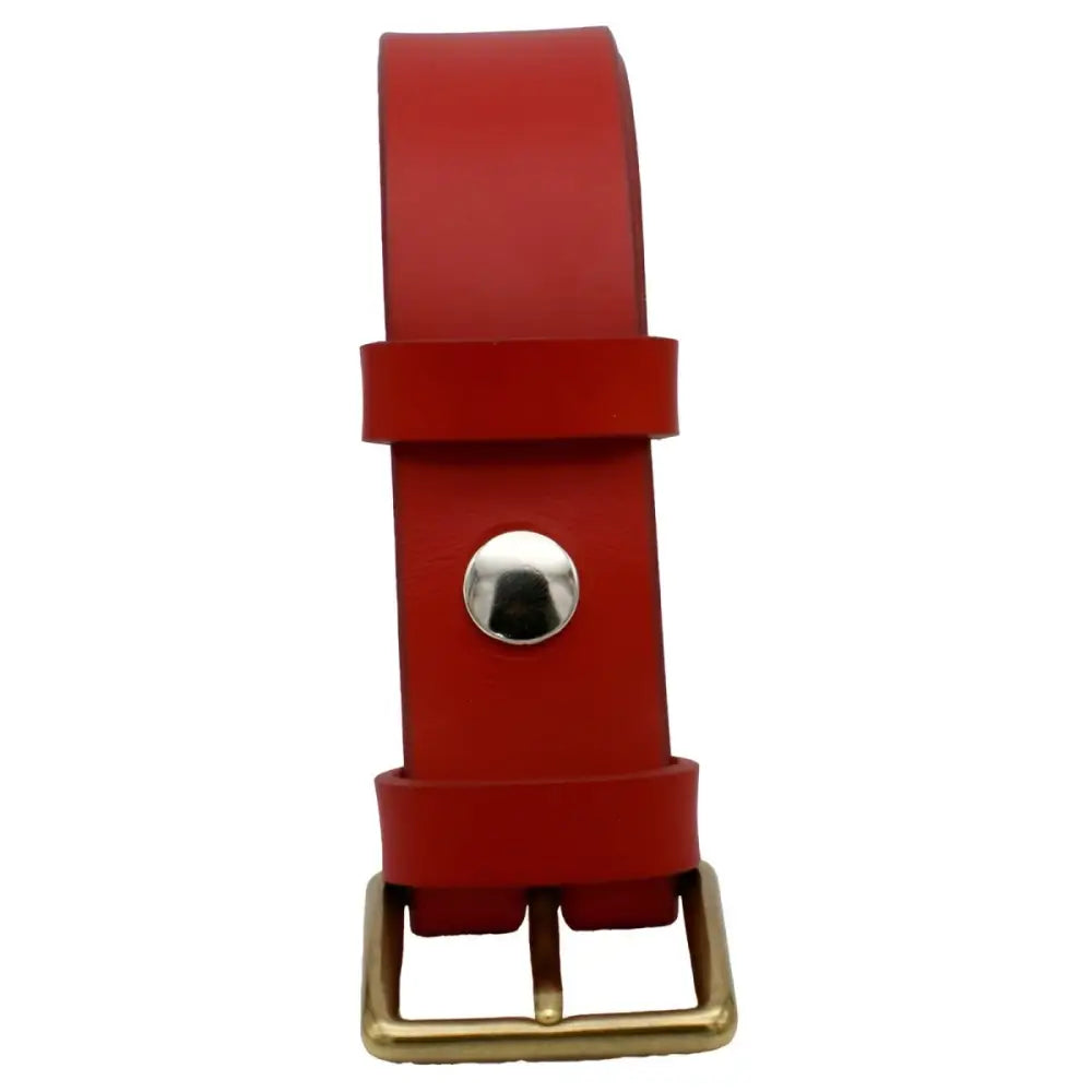 Red full-grain leather belt with brass buckle showcasing enduring style and quality