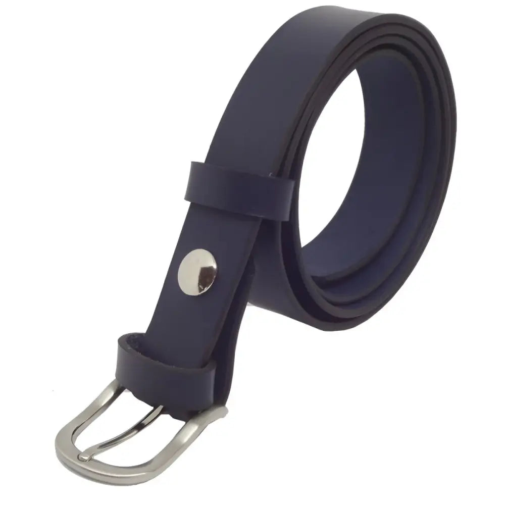 Full-grain leather navy blue belt with silver buckle for formal wear