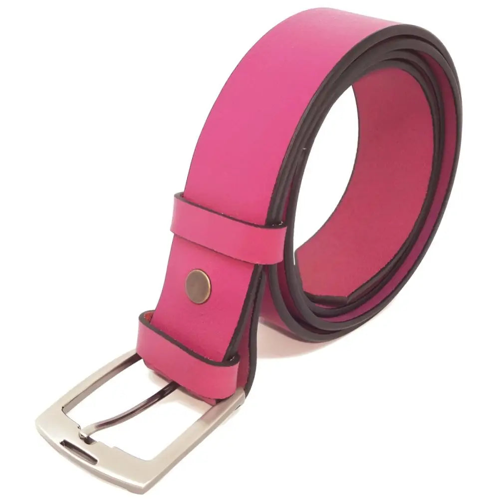Pink leather belt with a silver buckle for stylish accessories and fashion statement