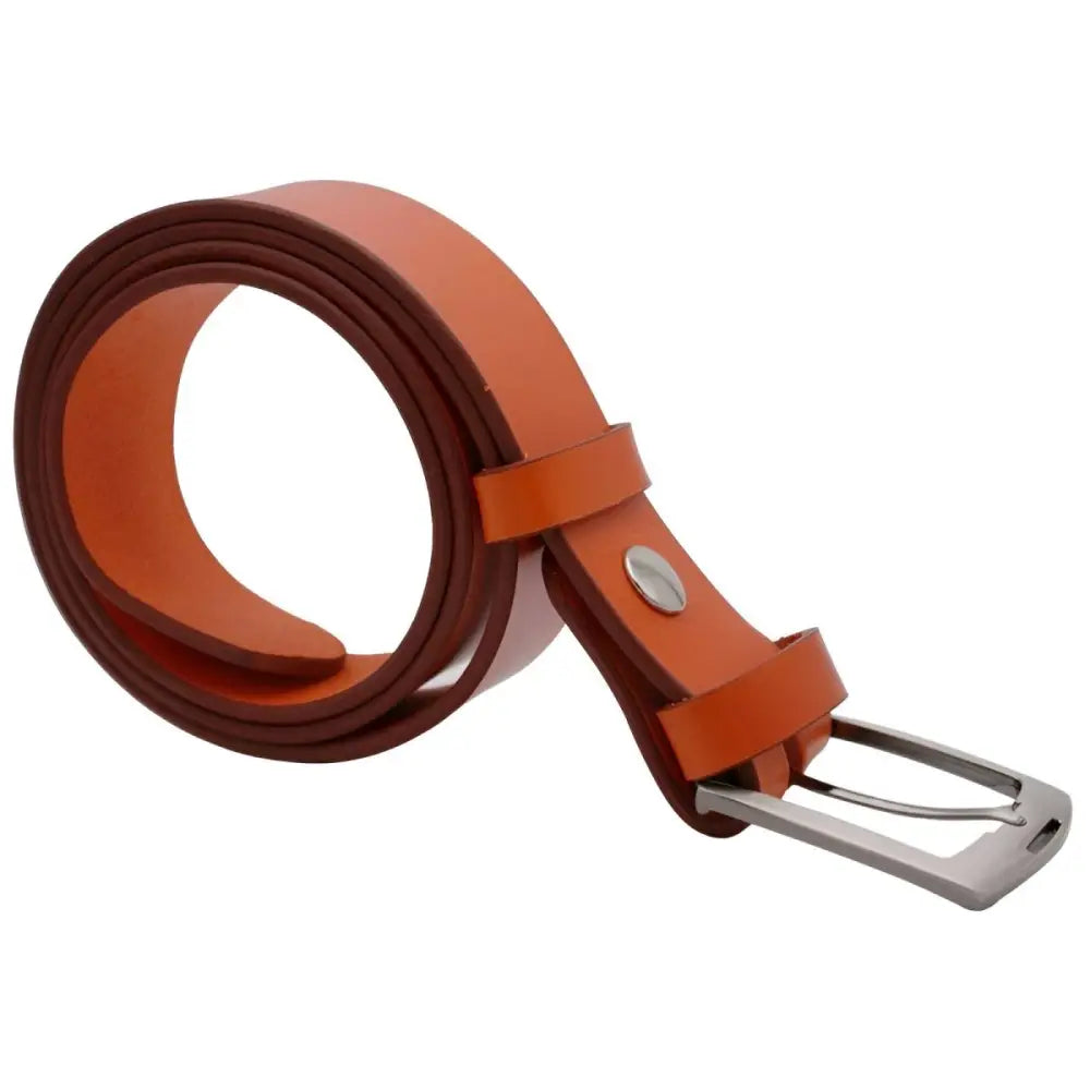 Orange leather belt with silver buckle on display for Pink Leather Belt with Silver Buckle product