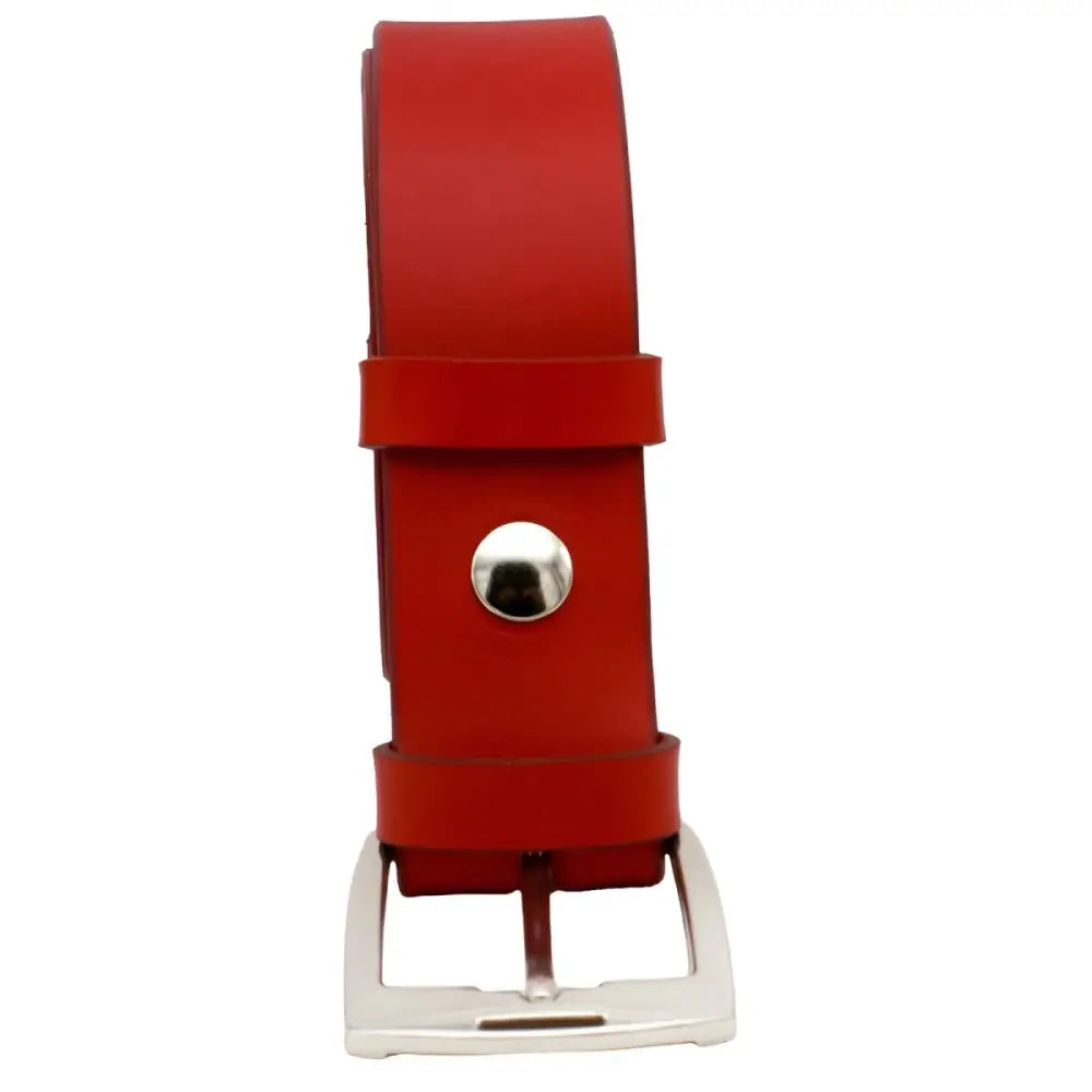 Red leather belt with silver buckle showcased in Pink Leather Belt with Silver Buckle product image