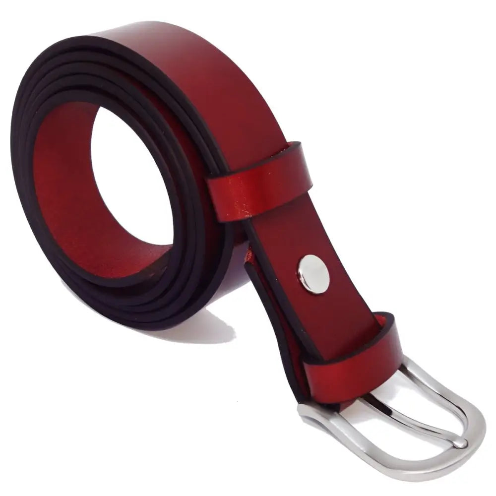 Red full-grain leather belt with silver buckle for stylish accessories