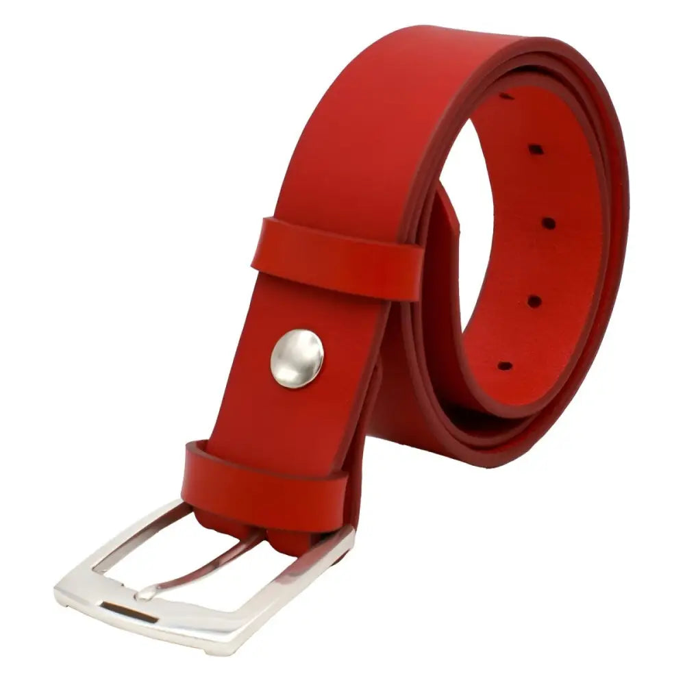 Red leather belt with silver buckle displayed in Pink Leather Belt with Silver Buckle product image