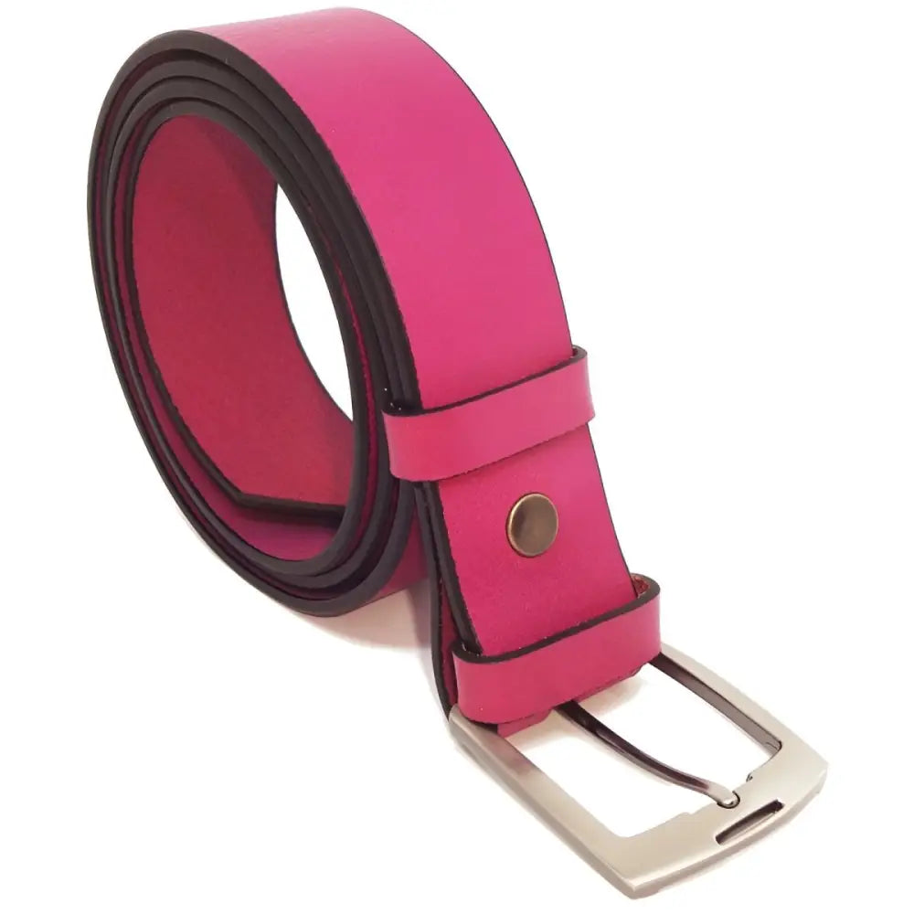 Pink leather belt with silver buckle displayed in the Pink Leather Belt with Silver Buckle product image