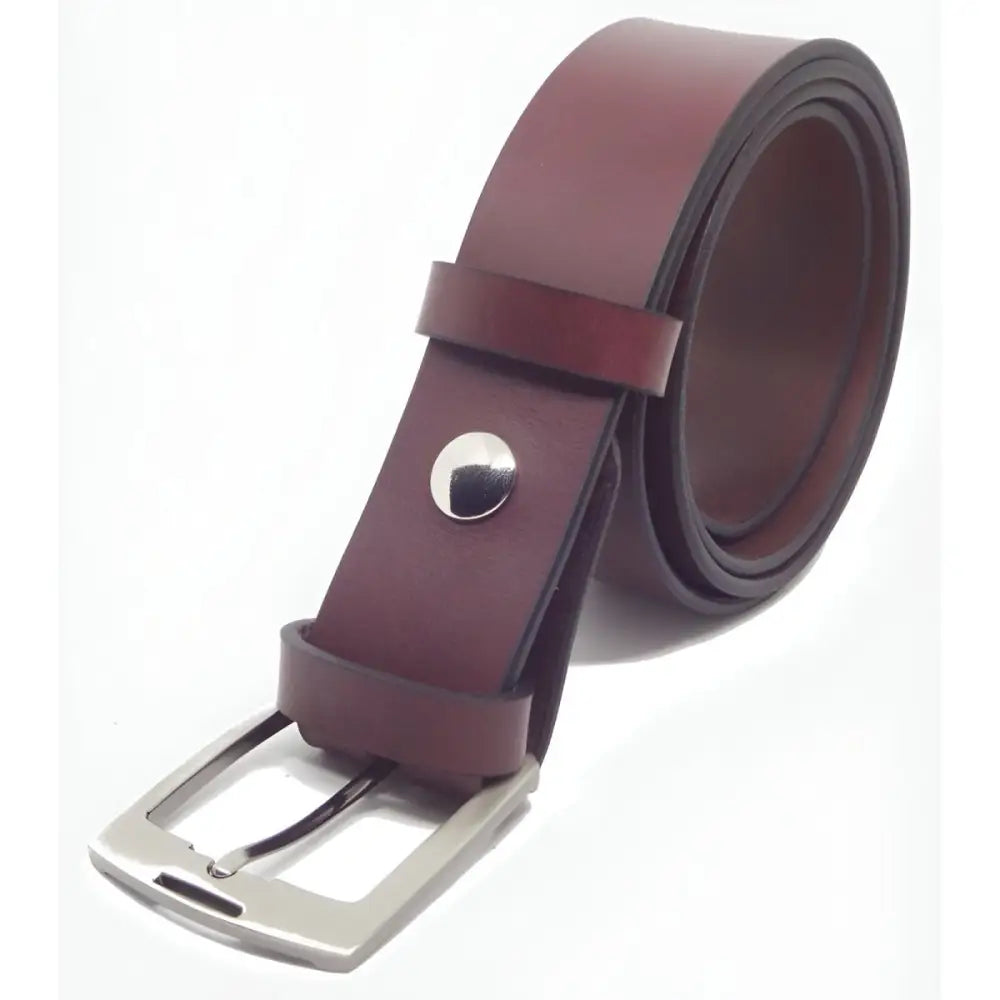 Maroon leather belt with silver buckle shown in Pink Leather Belt with Silver Buckle product image