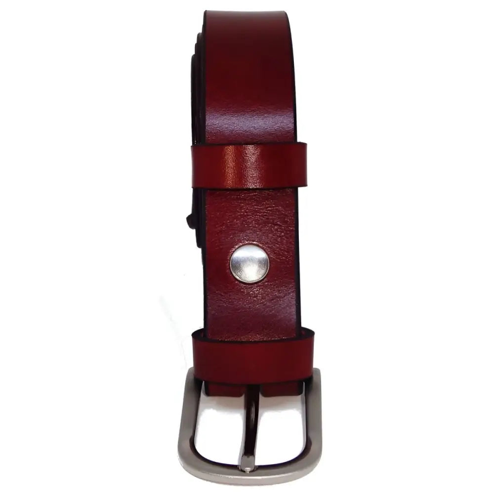 Maroon full-grain leather belt with silver buckle for Men and Women