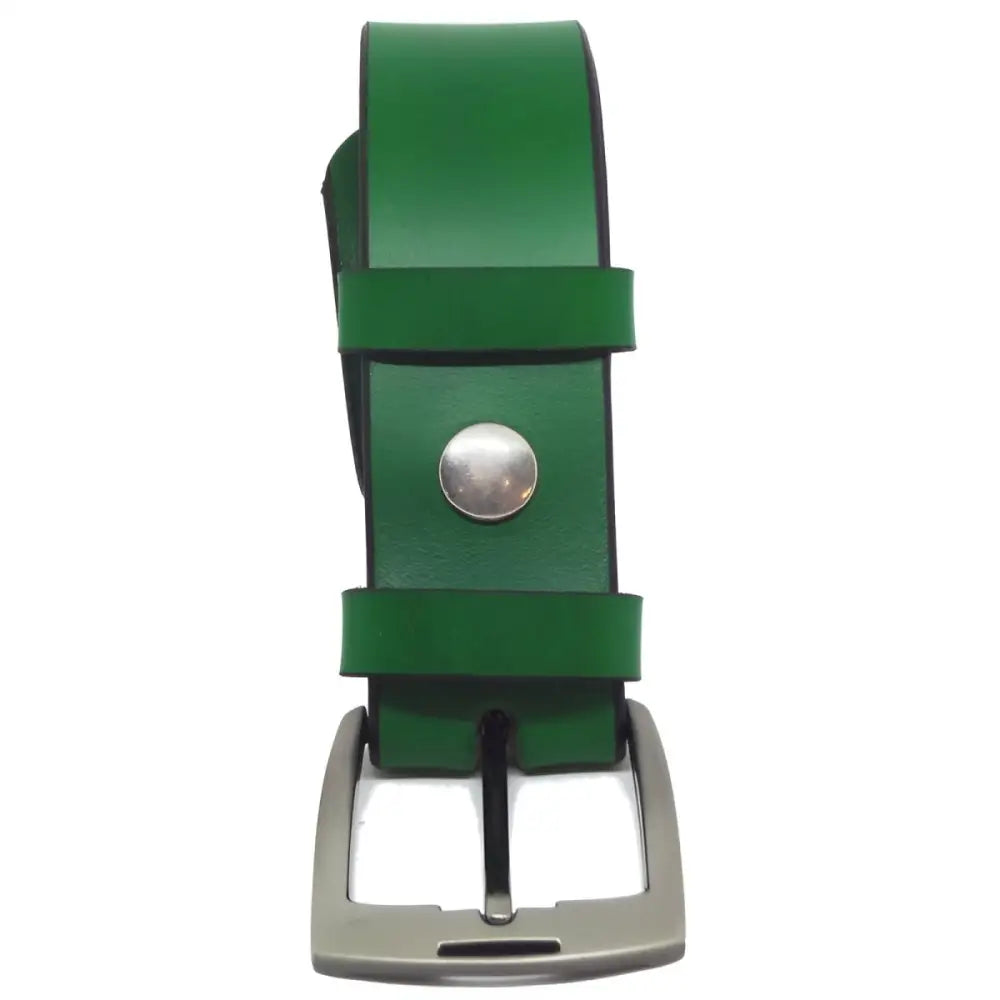 Green leather belt with silver buckle displayed alongside Pink Leather Belt with Silver Buckle product