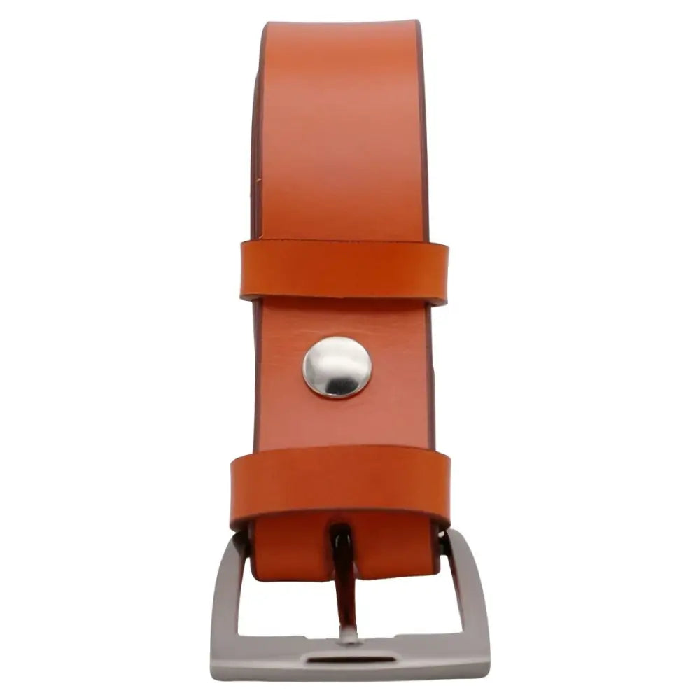 Orange leather belt with metal buckle displayed alongside Pink Leather Belt with Silver Buckle