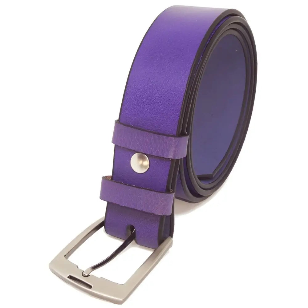 Purple leather belt with silver buckle designed for stylish elegance and durability
