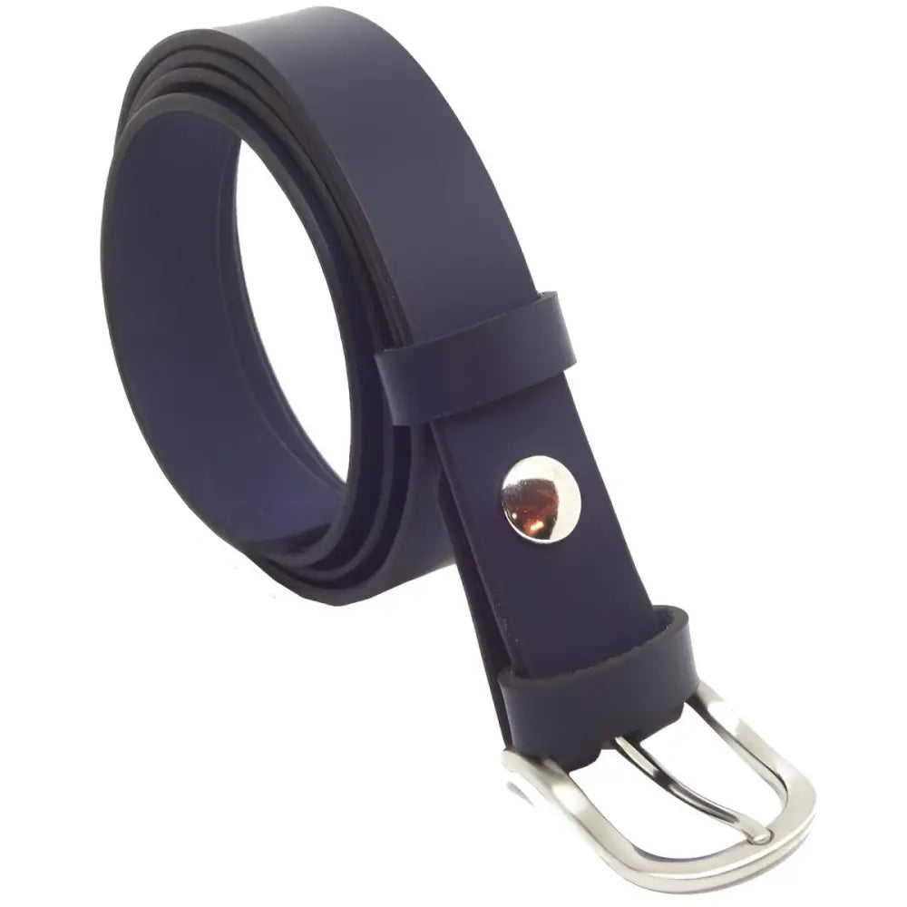 Navy blue full-grain leather belt with silver buckle for men and women