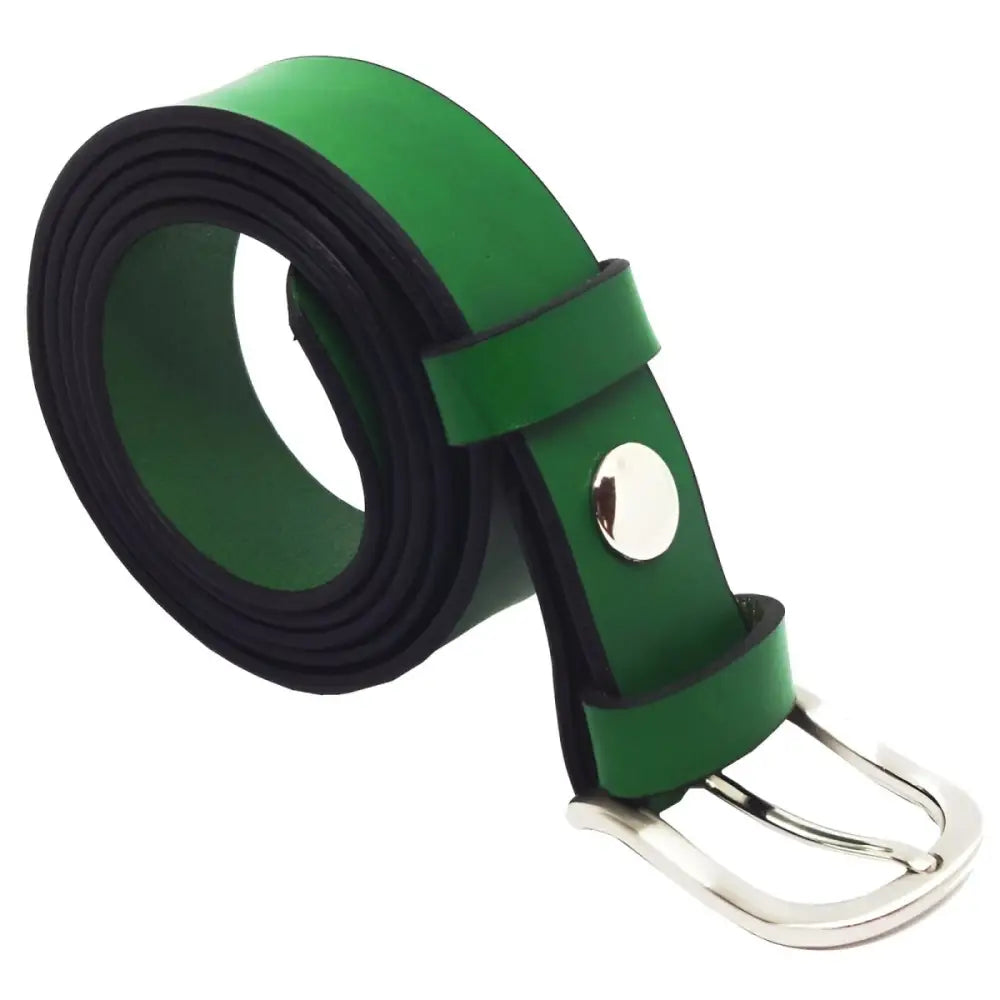 Green full-grain leather belt with a silver buckle for sophisticated style